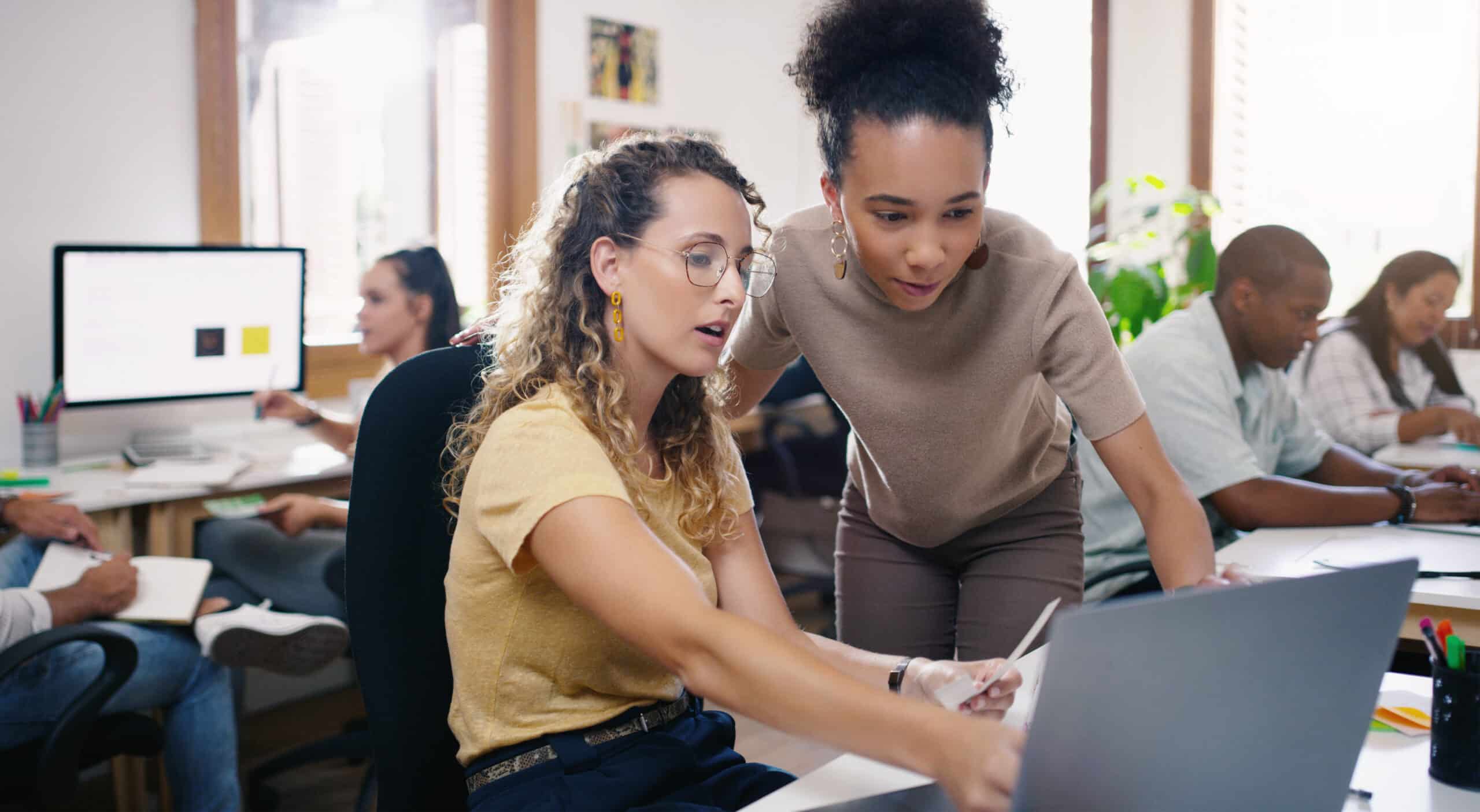 talking, planning and business people in training with a laptop for leadership